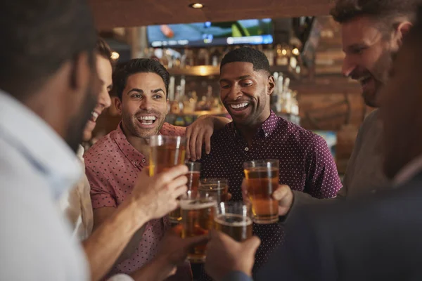 Group Male Friends Night Out Drinking Beer Bar Together — Stock Photo, Image