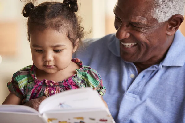 Avô Sentado Sofá Casa Com Bebê Neta Leitura Livro Juntos — Fotografia de Stock