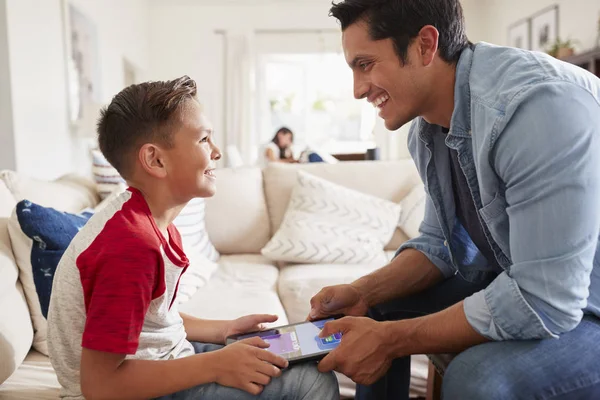 Pre Teen Boy Dad Playing Game Tablet Computer Sitting Room — Stock Photo, Image