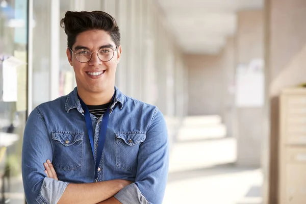 Retrato Del Sonriente Maestro Escuela Masculino Parado Pasillo Del Edificio — Foto de Stock