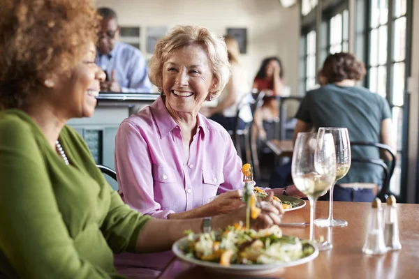 两个微笑的高级妇女会议在餐厅用餐 — 图库照片