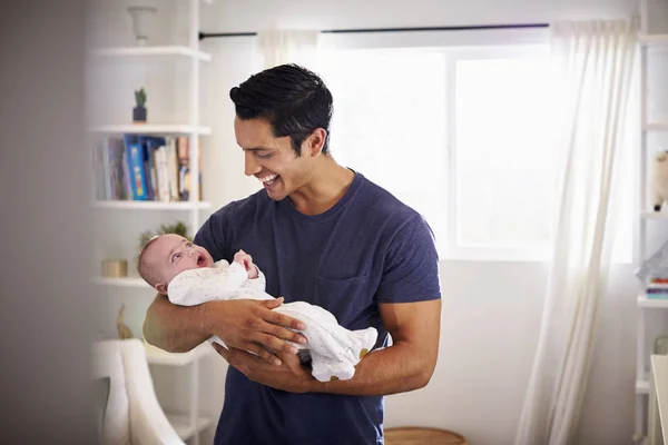Proud Hispanic Father Holding His Four Month Old Child Home — Stock Photo, Image