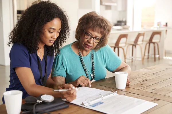 Female Healthcare Worker Filling Form Senior Woman Home Health Visit — Stock Photo, Image