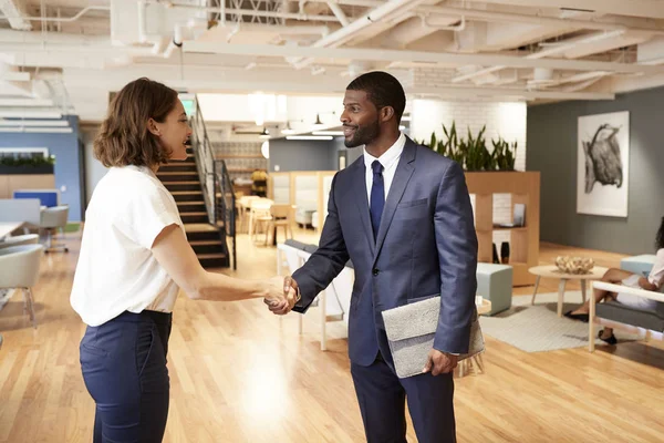 Businessman Businesswoman Meeting Shaking Hands Modern Open Plan Office — Stock Photo, Image