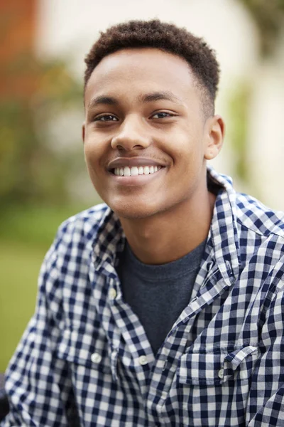 Young Black Man Outdoors Smiles Camera Close Vertical — Stock Photo, Image