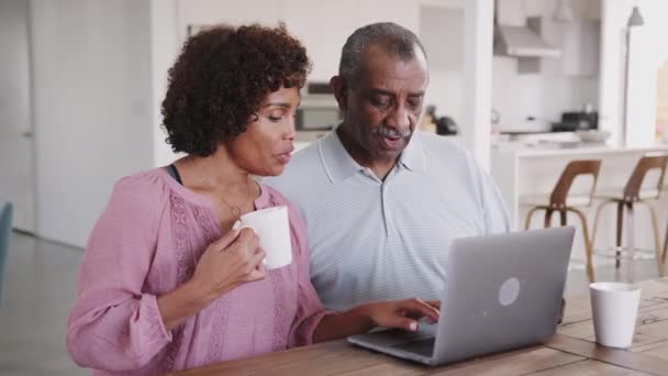 高齢の黒人男性と彼の中年の娘は 自宅で一緒にラップトップを使用して クローズアップ — ストック動画