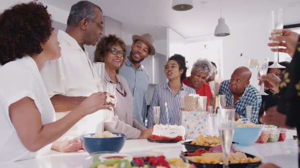 Senior Black Woman Blowing Out Candle Birthday Cake Celebration Her — Stock Video