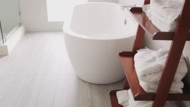 Modern Domestic Bathroom Shower Cabin Freestanding Bath Sunlight People — Stock Video