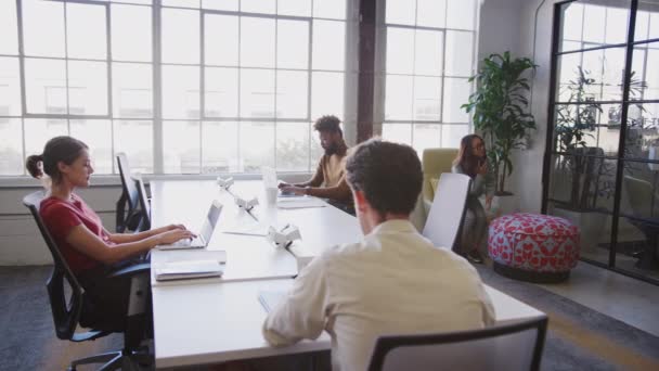 Duizendjarige Multi Etnische Collega Werkzaam Een Drukke Open Plan Creatief — Stockvideo