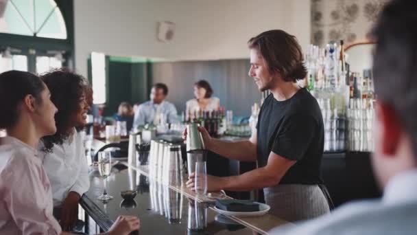 Barkeeper Serviert Zwei Geschäftsfrauen Der Bar Cocktails Die Gemeinsam Anstoßen — Stockvideo