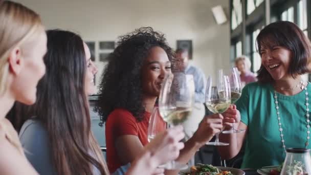 Grupo Amigas Reunidas Para Almorzar Restaurante Haciendo Brindis Juntas Filmadas — Vídeo de stock