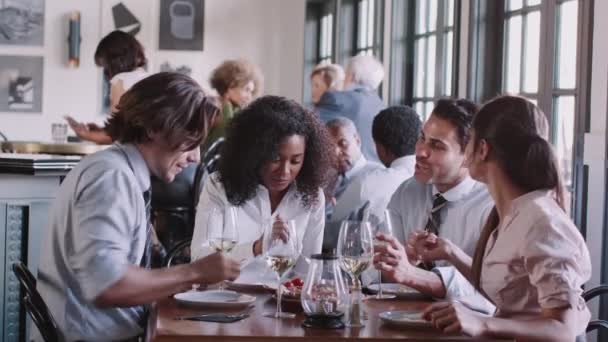 Groep Zakelijke Collega Zittend Restauranttafel Genieten Van Lunch Samen — Stockvideo