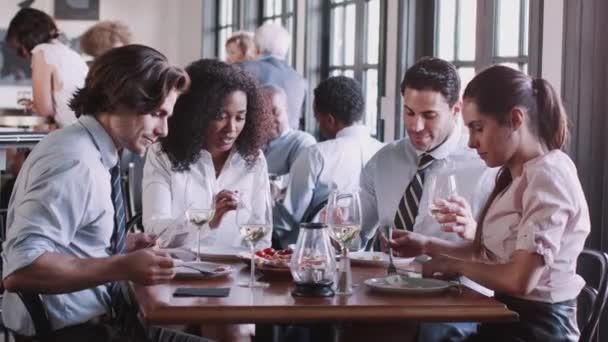 Ομάδα Επιχειρηματικών Συναδέλφων Που Κάθονται Στο Τραπέζι Του Εστιατορίου Απολαμβάνοντας — Αρχείο Βίντεο