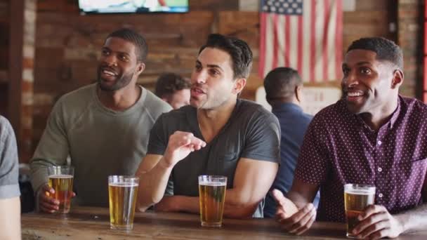 スポーツバーの中に座ってビールを飲み 画面上でゲームを見て 祝う男性の友人のグループ スローモーションで撮影 — ストック動画