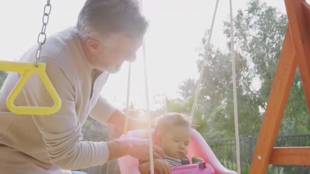 Smiling Hispanic Grandfather Pushing His Baby Grandson Swing Playground Park — Stock Video