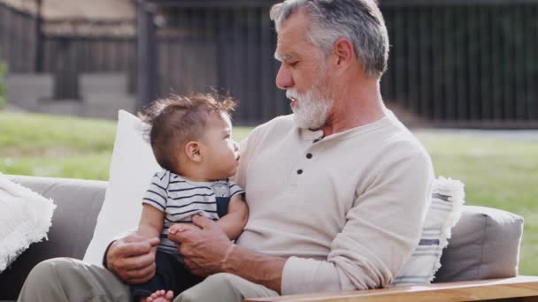 彼の膝の上に彼の赤ちゃんの孫と庭の座席に座って シニアヒスパニックの男性は クローズアップ — ストック動画