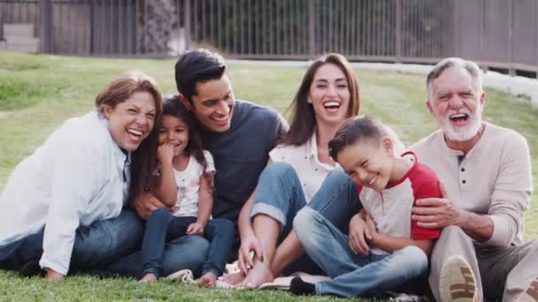 Drei Generationen Familie Sitzt Auf Gras Park Kitzelt Sich Gegenseitig — Stockvideo