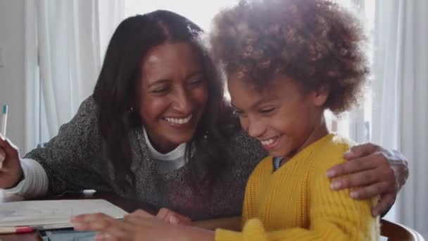 Middle Aged Woman Sitting Table Doing Homework Her Granddaughter Using — Stock Video