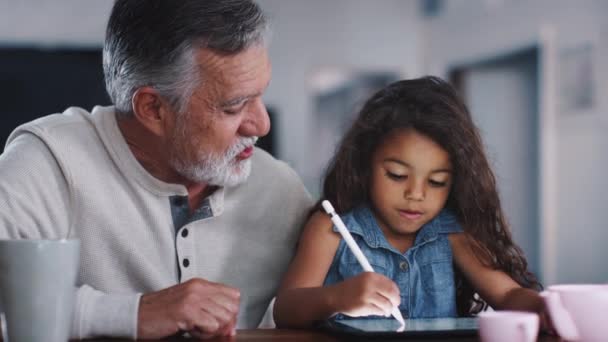 Starší Muž Který Mluví Vnučkou Zatímco Používá Stylus Tabletový Počítač — Stock video