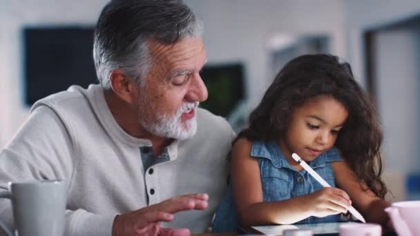 Senior Mann Gespräch Mit Enkelin Während Sie Stift Und Tablet — Stockvideo