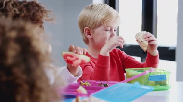 Fehér Iskolás Egy Asztalnál Eszik Csomagolt Ebéd Osztálytársaival Csecsemő Iskolában — Stock videók