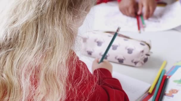 白种女学生画在课桌在婴儿学校教室 过肩视图 — 图库视频影像