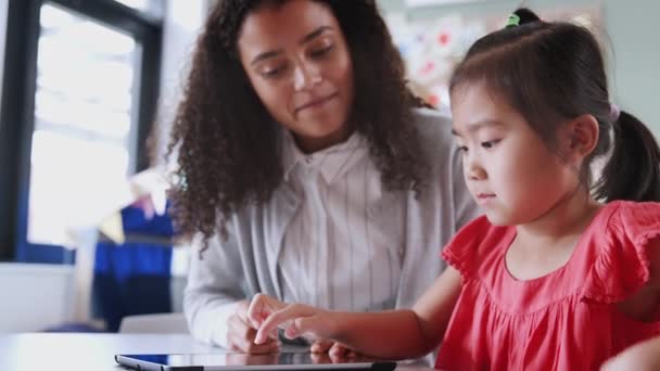 タブレットを使用して若いアジアの女子高生と一緒に働く女子幼児学校の教師 クローズアップ 低角度 — ストック動画