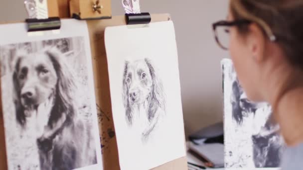 Mujer Artista Adolescente Dibuja Esquema Para Retrato Perro Compañía Carbón — Vídeos de Stock