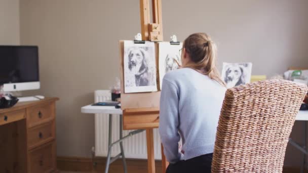Bakifrån Kvinnlig Tonårs Konstnär Ritning Porträtt Sällskapsdjur Hund Kol Från — Stockvideo