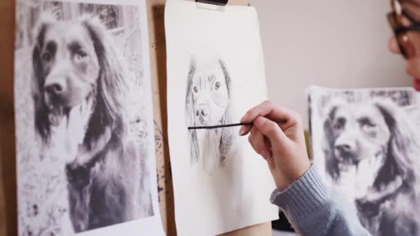 Femmina Artista Adolescente Disegna Ritratto Cane Compagnia Carbone Dalla Fotografia — Video Stock