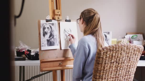 Vista Través Puerta Medida Que Artista Adolescente Dibuja Contorno Para — Vídeo de stock