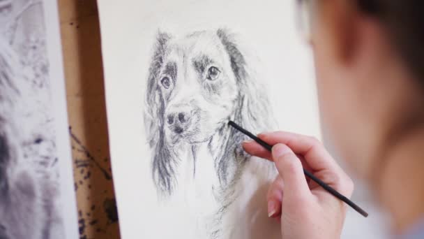 Gros Plan Artiste Travaillant Sur Portrait Chien Fusain Tourné Ralenti — Video