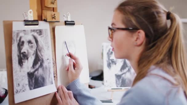 Mujer Artista Adolescente Dibuja Esquema Para Retrato Perro Compañía Carbón — Vídeo de stock