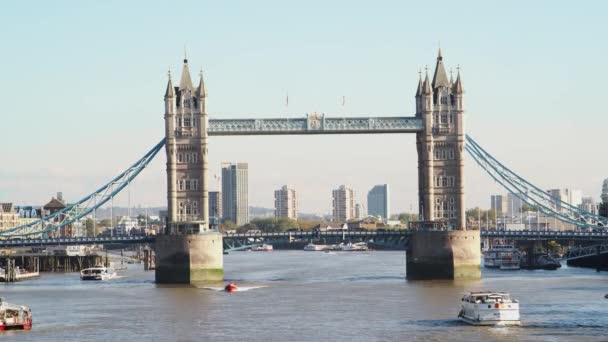 在伦敦阳光明媚的日子 观光船经过泰晤士河塔桥下 — 图库视频影像