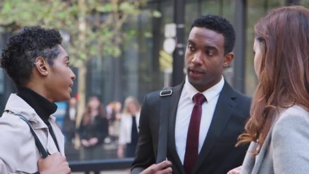 Three Millennial Business Colleagues Standing Busy City Street Talking Close — Stock Video