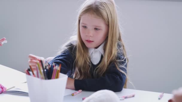 Schülerin Sitzt Einem Tisch Einer Grundschulklasse Zeichnung Frontansicht Selektiver Fokus — Stockvideo