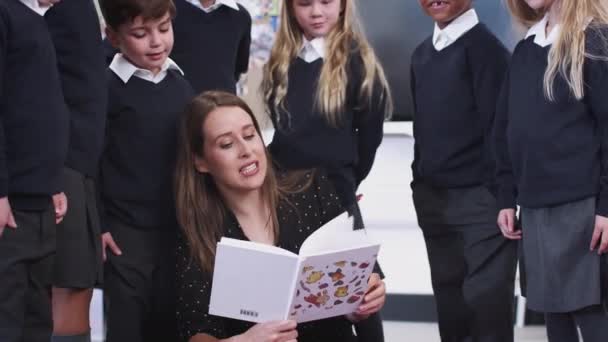 Niños Primaria Detrás Profesor Sentados Suelo Clase Leyéndoles Libro — Vídeo de stock