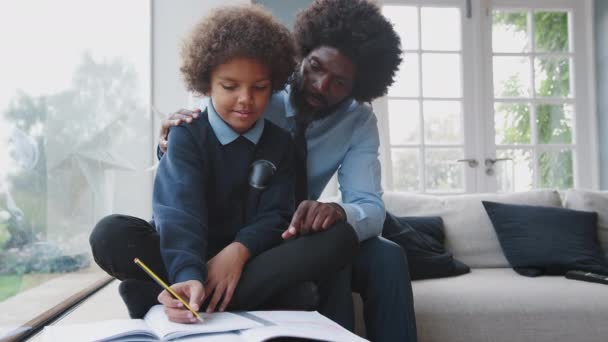 中年黑人父亲坐在他的儿子后面 帮助他的十几岁的儿子在家里的客厅里做家庭作业 — 图库视频影像