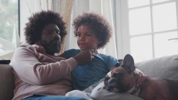 Cuidado Mediana Edad Padre Negro Pre Hijo Adolescente Reclinado Sofá — Vídeos de Stock