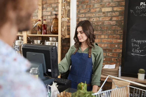 Cliente Che Paga Shopping Checkout Plastica Sostenibile Negozio Alimentari Gratuito — Foto Stock