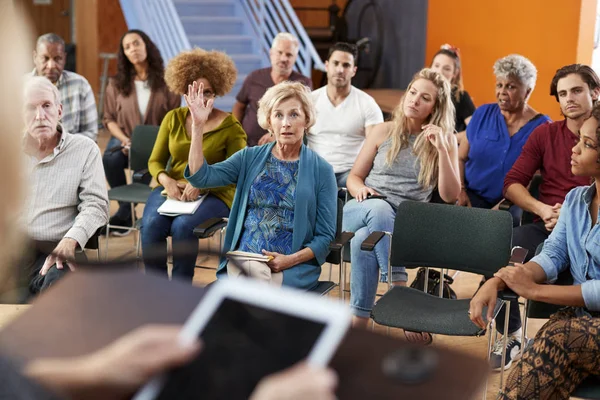 Inggris Woman Asking Question Group Neighborhood Meeting Community Center — Stok Foto