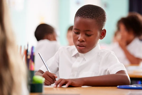 Mężczyzna Elementary School Uczeń Noszenia Jednolitego Pracy Biurku — Zdjęcie stockowe