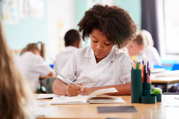 Alumna Escuela Primaria Femenina Que Usa Uniforme Trabajando Escritorio —  Fotos de Stock