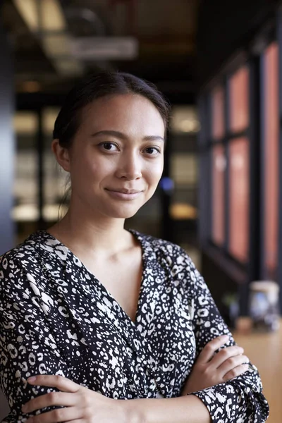 Millennial Asian Businesswoman Window Office Smiling Camera Waist Vertical — Stock Photo, Image