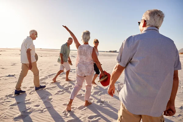Visão Traseira Amigos Seniores Andando Longo Praia Areia Férias Grupo — Fotografia de Stock