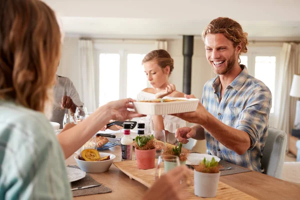 Young Adult Friends Serving Each Other Lunch Dinner Table Close — Stock Photo, Image