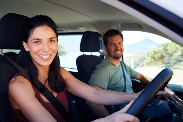 Mid Adult White Woman Driving Car Her Husband Front Passenger — Stock Photo, Image