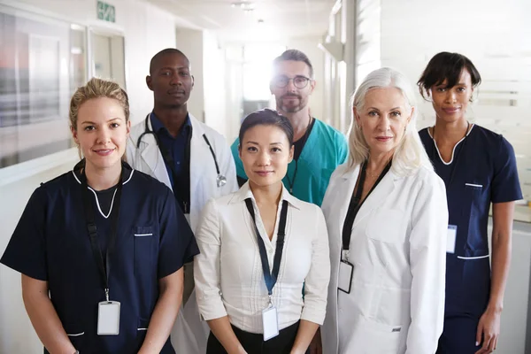 Πορτρέτο Της Ιατρικής Ομάδας Που Στέκεται Στο Διάδρομο Του Νοσοκομείου — Φωτογραφία Αρχείου