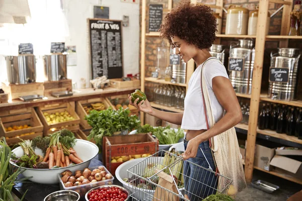 Vrouw Die Verse Groenten Fruit Koopt Een Duurzame Plastic Gratis — Stockfoto