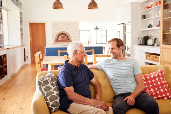 微笑的父亲与成人的儿子放松在沙发在家里 — 图库照片